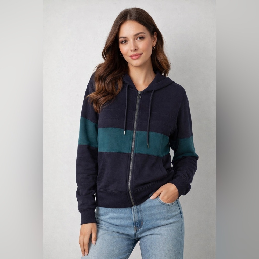 James Perse Black Teal Colorblock Full Zip Hoodie Cotton Casual Luxe Sweatshirt